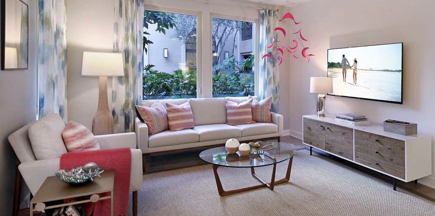 Interior view of living room at Malibu - Villas Playa Vista Apartment Homes in Los Angeles, CA.