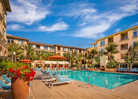 Exterior view of pool at Montecito - Villas Playa Vista Apartment Homes in Los Angeles, CA.