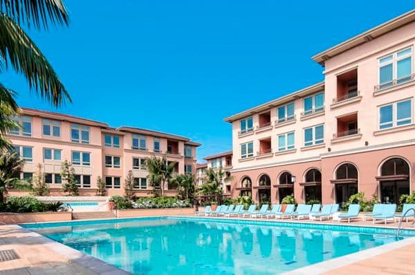 View of resort pool at Montecito - Villas Playa Vista Apartment Homes in Los Angeles, CA.