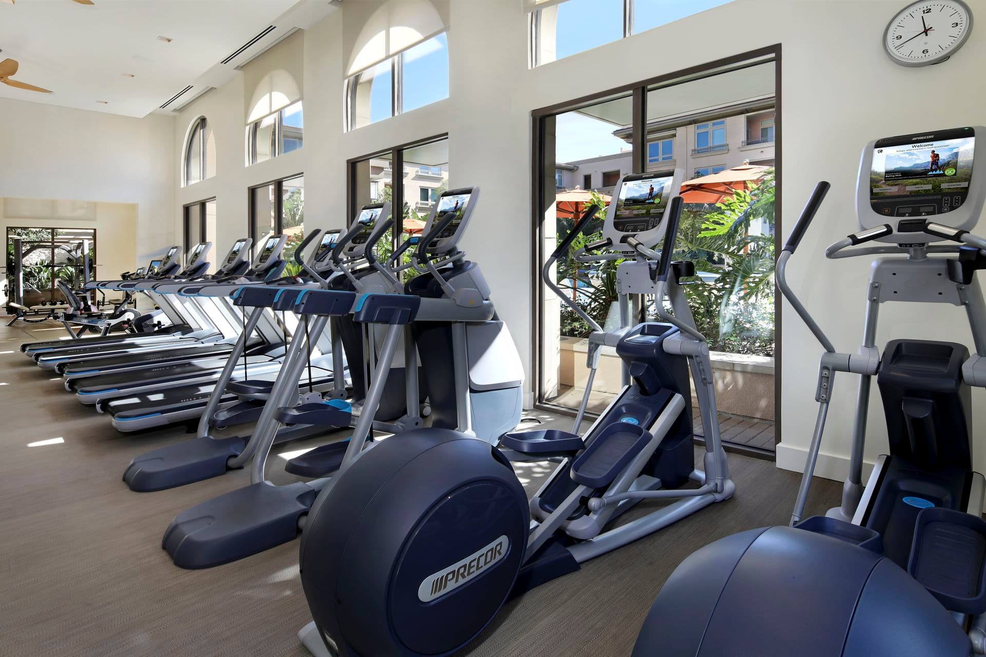 Interior view of fitness center at Montecito - Villas at Playa Vista Apartment Homes in Los Angeles, CA.