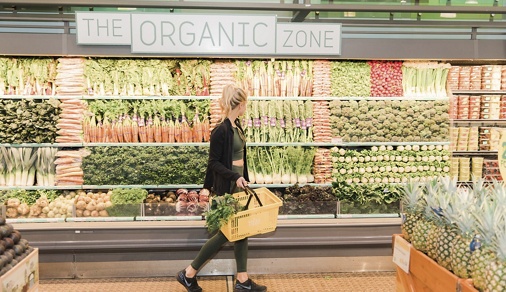 View of a woman grocery shopping for organic produce at Montecito at Villas Playa Vista Apartment Homes in Los Angeles, CA.