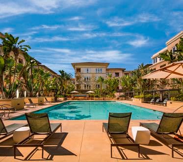 Exterior view of pool at Sausalito - Villas at Playa Vista Apartment Homes in Los Angeles, CA.