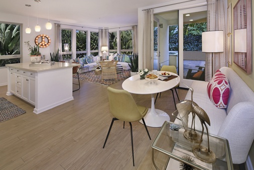 Interior view of living room in Plan 36 at Sausalito - Villas at Playa Vista Apartment Homes in Los Angeles, CA.