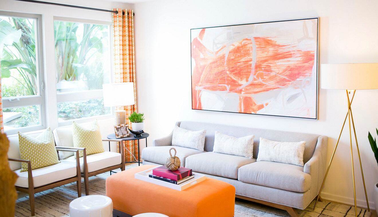 Interior view of a living room at Sausalito at Villas Playa Vista Apartment Homes in Los Angeles, CA.