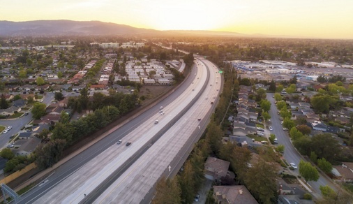 Aerial Of freeway 280 in Silicon Valley at sunset. Sunnyvale, USA