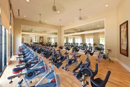 Interior view of the cycling studio at Crescent Village Apartment Homes in San Jose, CA.