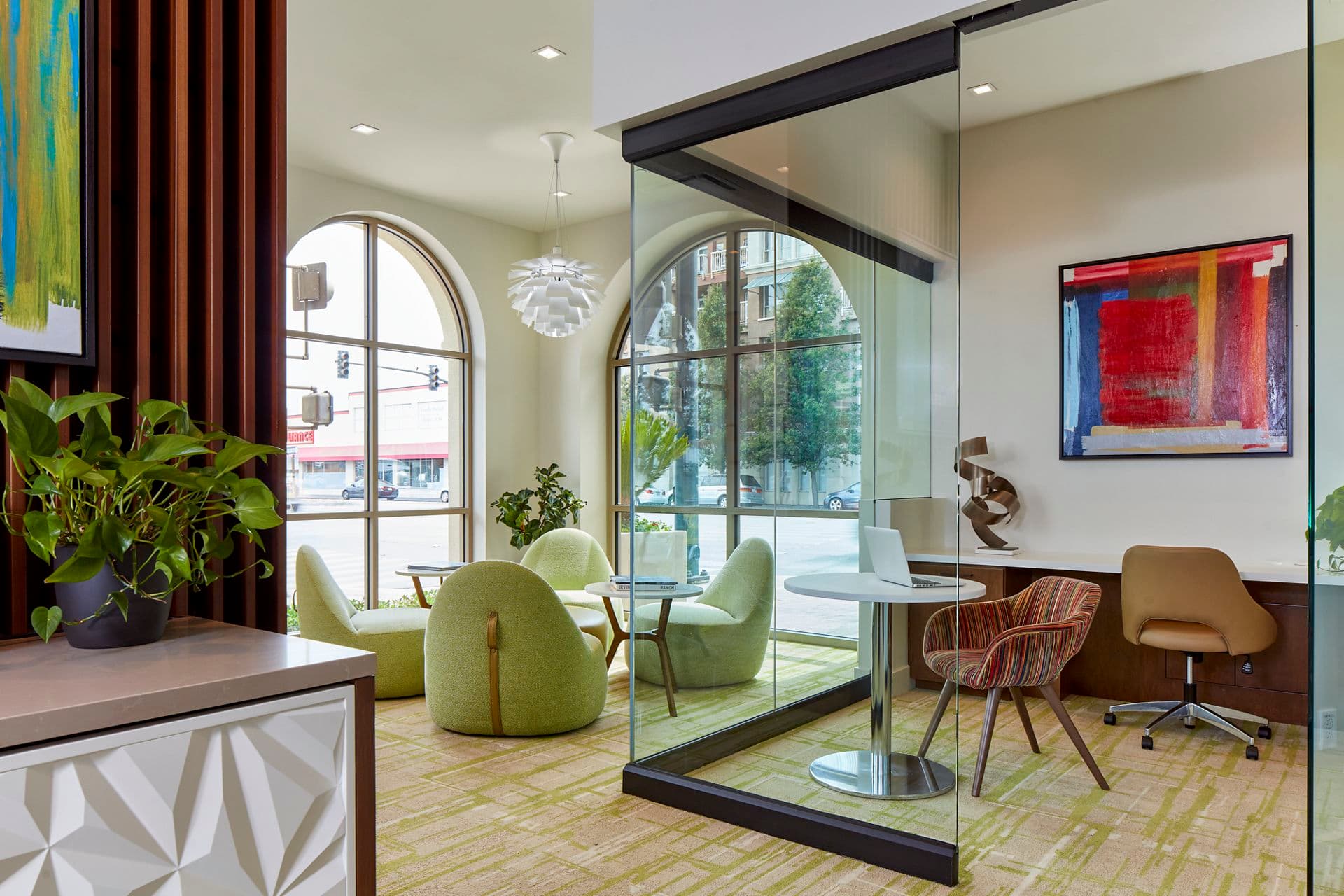 Interior view of business center at Franklin Street Apartment Homes in Redwood City, CA.