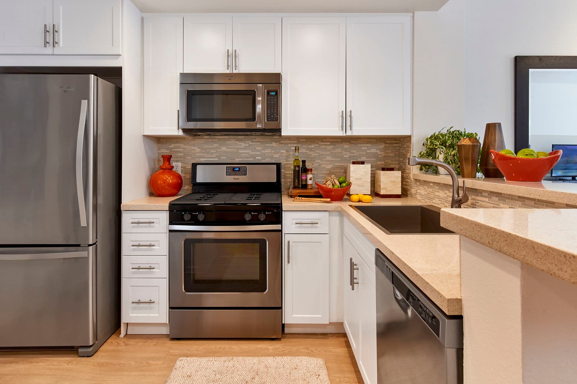 Interior view of kitchen at Franklin Street Apartment Homes in Redwood City, CA.