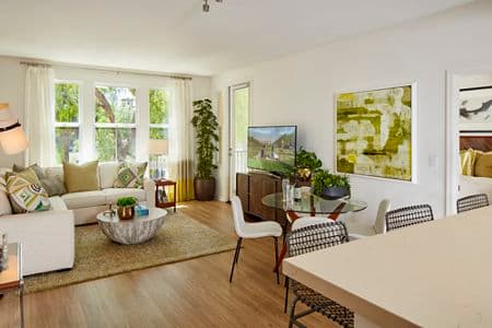 Interior view of living room at The Oaks at North Park Apartment Communities in Santa Clara, CA.