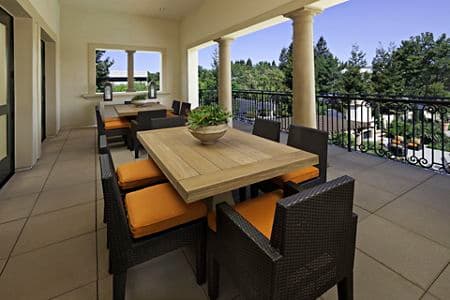 Exterior view of a balcony at Stewart Village Apartment Homes in Sunnyvale, CA. 