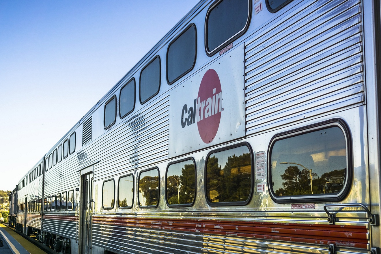 April 20, 2018 Mountain View / CA / USA - Close up of Caltrain car; logo printed on the side