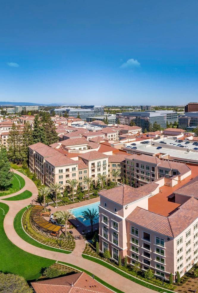 Exterior aerial view of Santa Clara Square Apartment Homes in Santa Clara, CA.