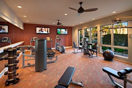Interior view of the fitness center at The Villas at Bair Island Apartment Homes in Redwood City, CA. 