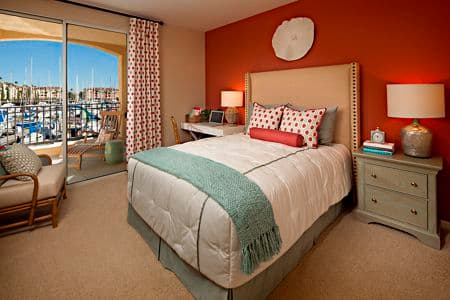Interior view of a bedroom at The Villas at Bair Island Apartment Homes in Redwood City, CA. 