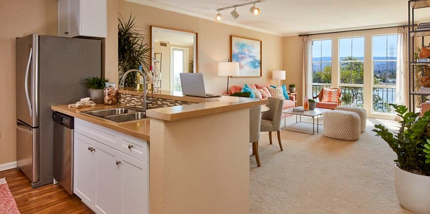 Interior view of kitchen at The Villas at Bair Island Apartment Homes in Redwood City, CA.