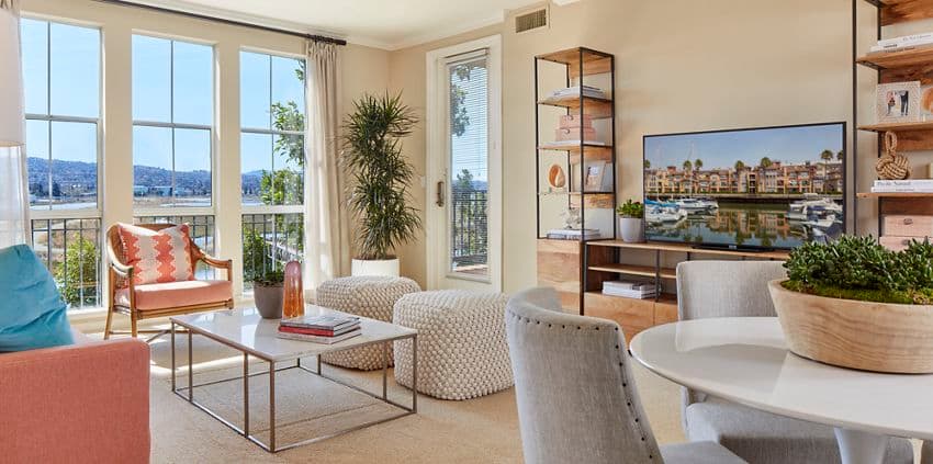 Interior view of living room at The Villas at Bair Island Apartment Homes in Redwood City, CA.