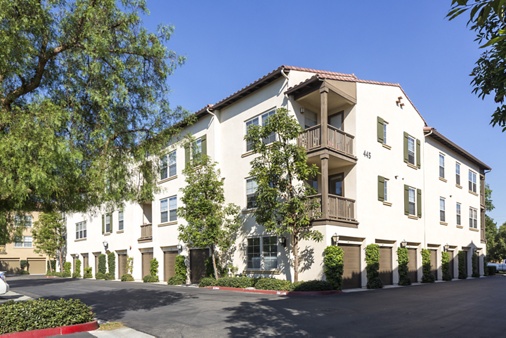 Exterior view of The Enclave Apartment Homes in Costa Mesa, CA.