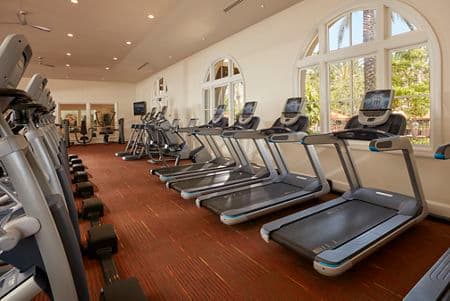 Interior view of fitness center at The Enclave at South Coast Apartment Homes in Costa Mesa, CA.