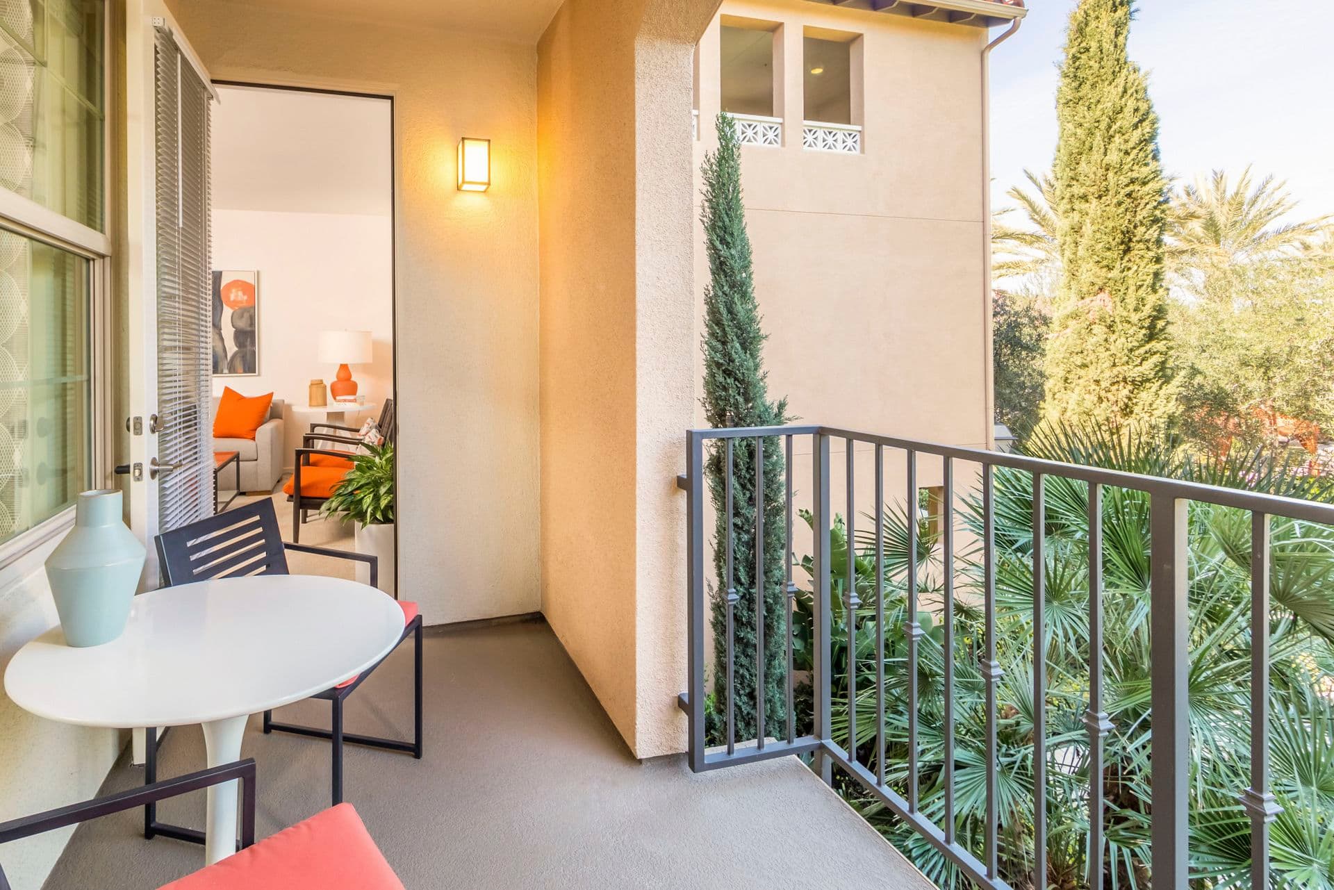 Interior view of balcony at of Avella Apartment Homes in Irvine, CA.