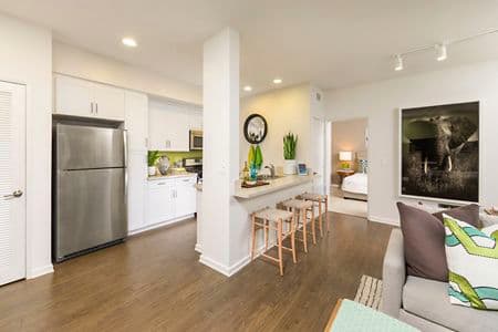 Interior view of kitchen at of Avella Apartment Homes in Irvine, CA.
