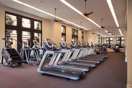 Interior view of fitness center at Centerpointe at Irvine Spectrum Apartment Homes in Irvine, CA.