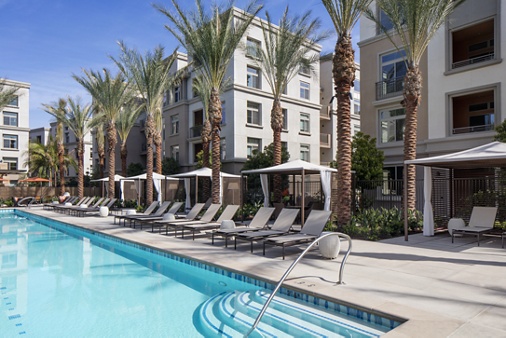 Exterior view of pool at Centerpointe at Irvine Spectrum Apartment Homes in Irvine, CA.