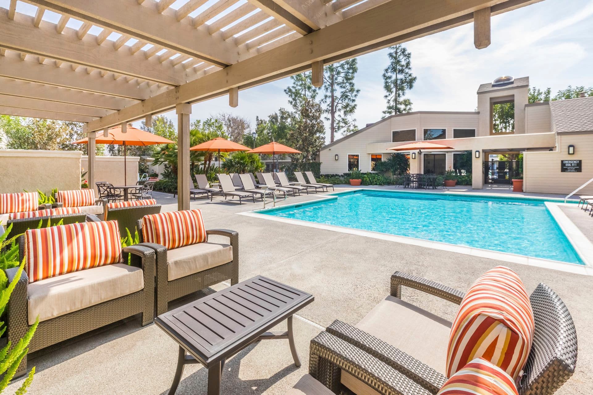 Exterior view of pool at Cross Creek Apartment Homes in Irvine, CA.