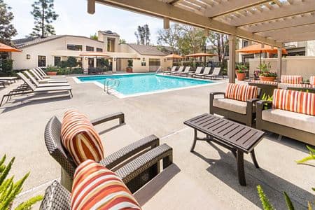 Exterior view of pool at Cross Creek Apartment Homes in Irvine, CA.