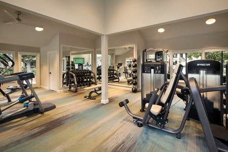 Interior view of fitness center at Cross Creek Apartment Homes in Irvine, CA.