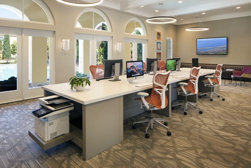 Interior view of business center at Umbria Apartment Homes at Cypress Village in Irvine, CA.