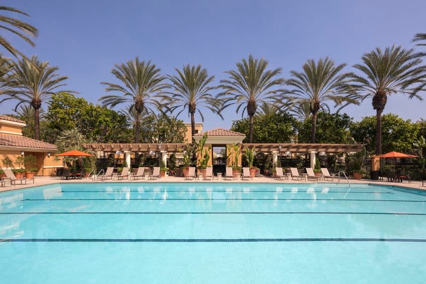 Exterior view of pool at Las Palmas Apartment Homes in Irvine, CA.
