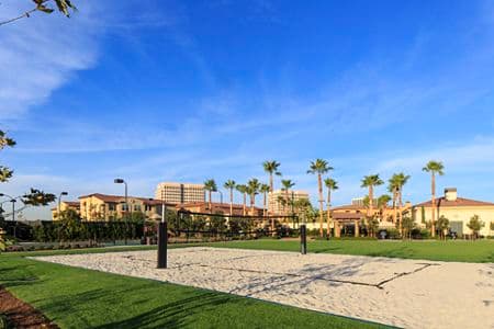 Exterior view of sand volleyball court at Los Olivos Apartment Homes at Irvine Spectrum in Irvine, CA.