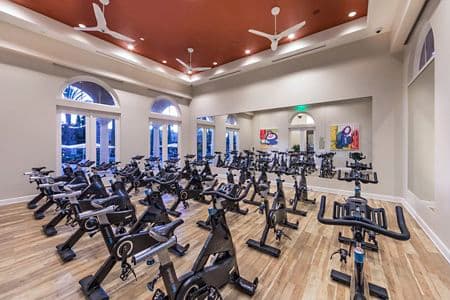 Interior view of fitness center at Los Olivos Apartment Homes at Irvine Spectrum in Irvine, CA.