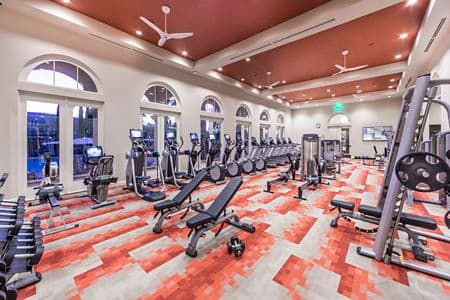 Interior view of fitness center at Los Olivos Apartment Homes at Irvine Spectrum in Irvine, CA.