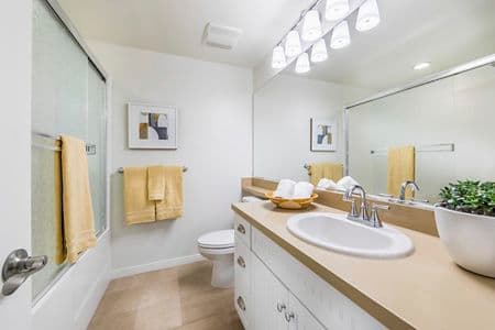Interior view of bathroom at Los Olivos Apartment Homes at Irvine Spectrum in Irvine, CA.