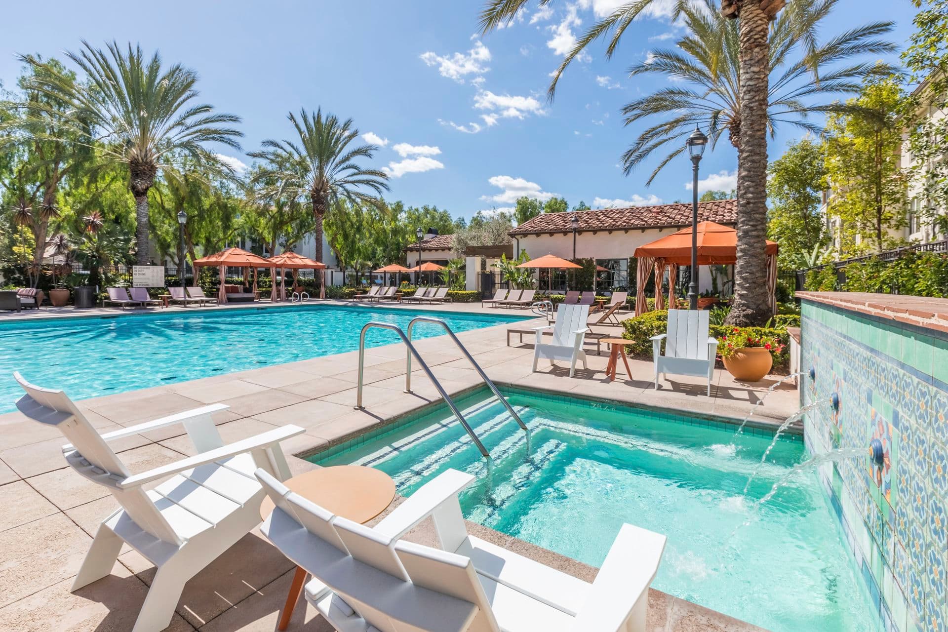 Exterior view of pool at Mirasol Apartment Homes in Stonegate, Irvine, CA.