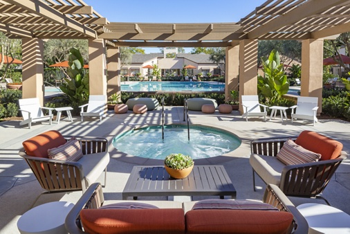 Exterior view of pool area at Northwood Place Apartment Homes in Irvine, CA.