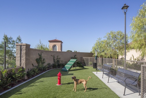 Exterior view of dog park at Portola Court Apartment Homes in Irvine, CA.