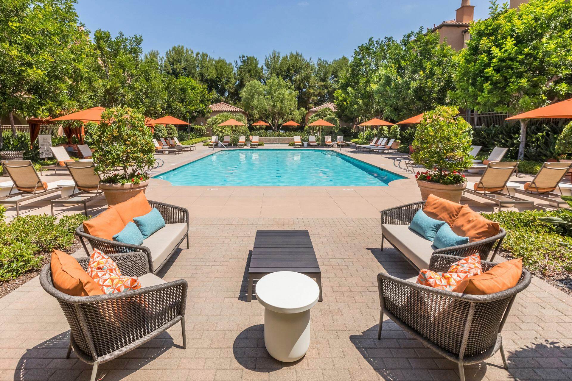 Exterior pool view at Portola Place Apartment Homes in Irvine, CA.