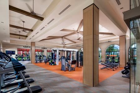 Interior view of fitness center at Promenade Apartment Homes in Irvine, CA.