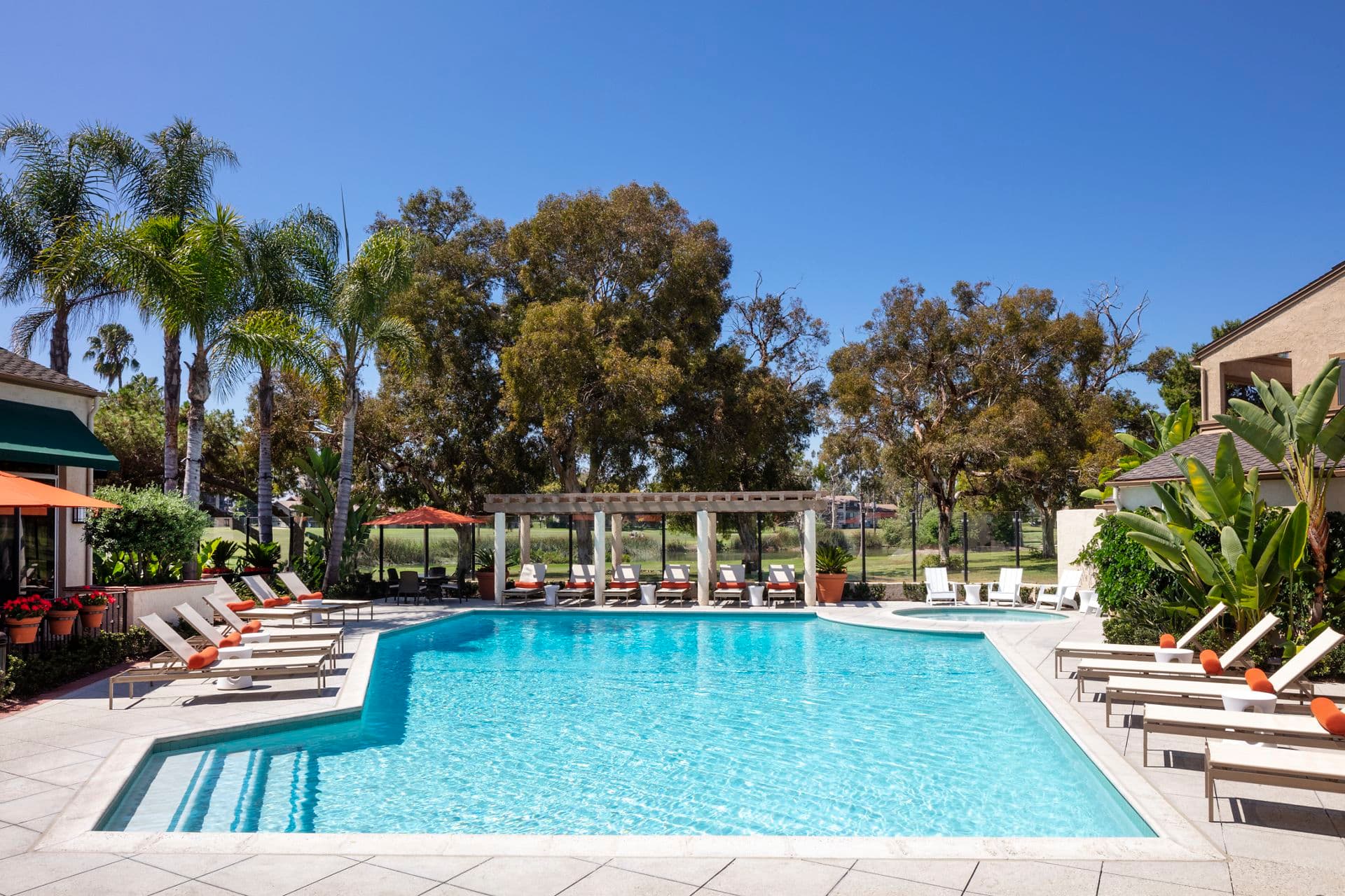 Pool view at Rancho San Joaquin Apartment Homes in Irvine, CA.