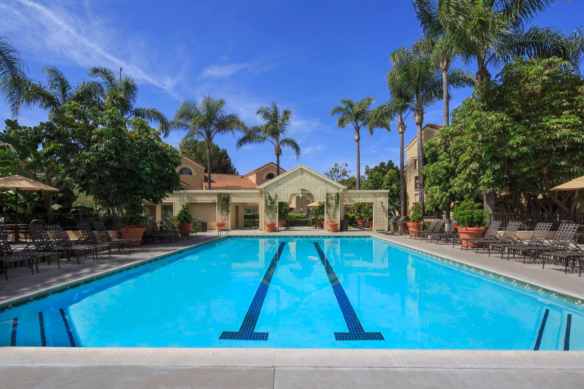 Pool view at San Leon Villa Apartment Homes in Irvine, CA.