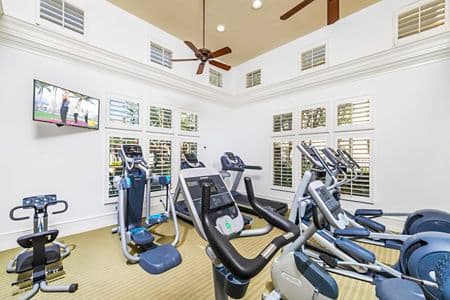Interior view of Fitness Center at San Mateo Apartment Homes in Irvine, CA.