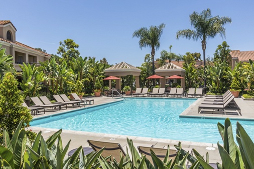 Pool view at San Remo Villa Apartment Homes in Irvine, CA.