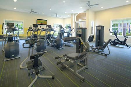 Interior view of fitness center at Santa Rosa Apartment Homes in Irvine, CA.