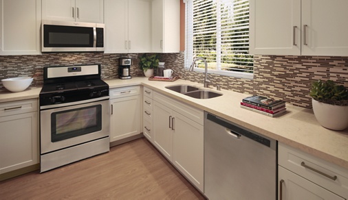 Interior view of kitchen at Shadow Oaks Apartment Homes in Irvine, CA.