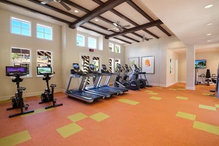 Interior view of fitness center at Solana Apartment Homes in Irvine, CA.