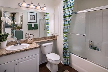 Interior view of bathroom at Solana Apartment Homes in Irvine, CA.