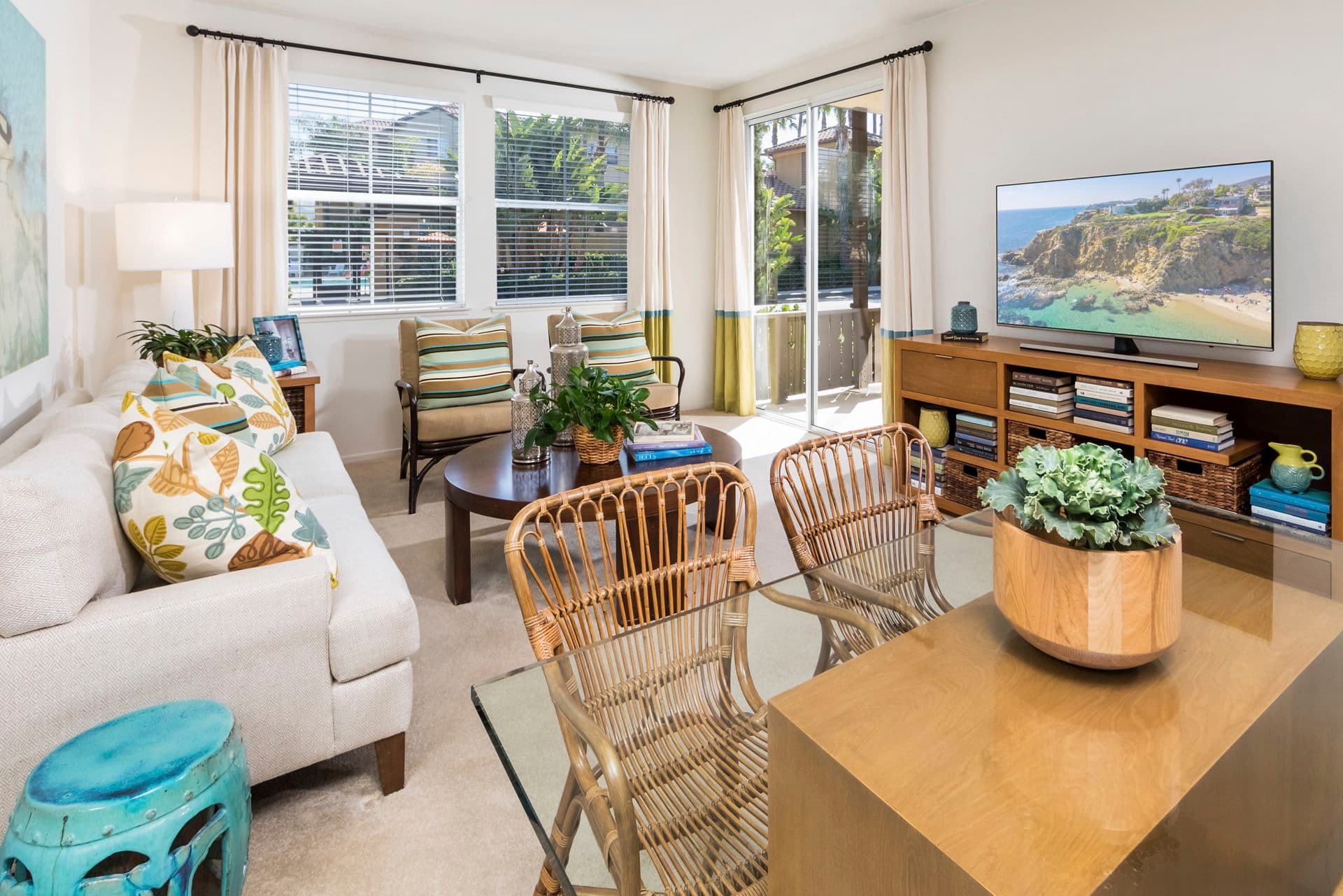 Interior view of living room and dining room at Solana Apartment Homes in Irvine, CA.