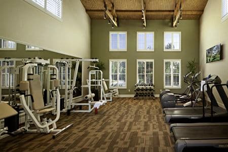 Interior view of fitness center at Sonoma Apartment Homes at Oak Creek in Irvine, CA.